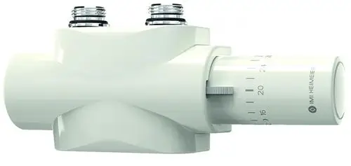Weißes Ventil mit zwei Anschlüssen und einstellbarem Regler, hergestellt von IMI Hydronic Engineering, zur Steuerung von Heizkreisläufen in Heizsystemen.